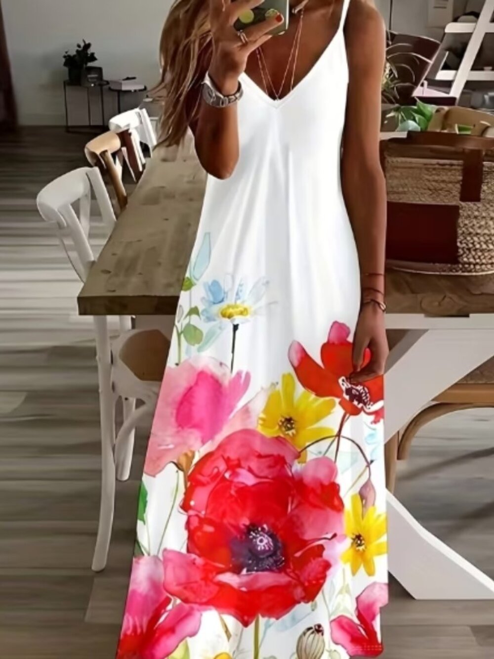 Vacation Style Red, Yellow, and White Floral Print Spaghetti Strap Dress Size L